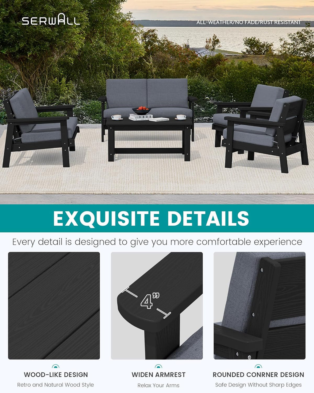 SERWALL HDPE Patio Furniture Set, 5 Piece All Weather Wood-Like Sectional Outdoor Furniture Set, Black Patio Sofa Couch with Grey Cushions for Deck, Lawn