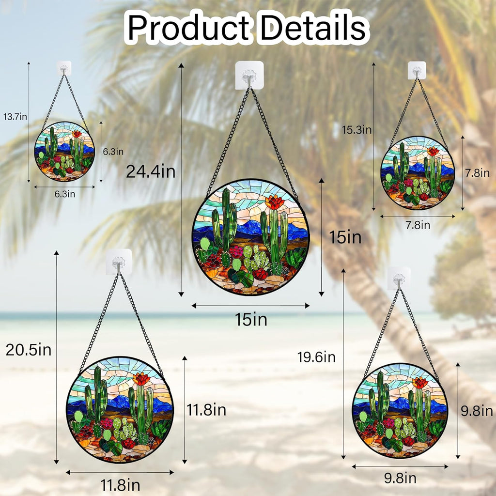 Stained Glass Window Hanging, Green Cactus Suncatcher for Doors Window Home Plant Landscape Sun Catchers Decoration Mother's Day Birthday Gifts for Women, Men, and Mom 15 in