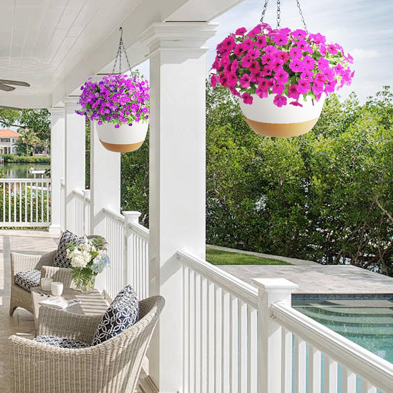 Hanging Planter Self Watering 10 Inch, 2 Pack Indoor Outdoor Hanging Baskets, Hanging Flower Pots with Drainage Hole & 2 Kinds of Plant Hangers for Garden Home Decor(Black Hanger