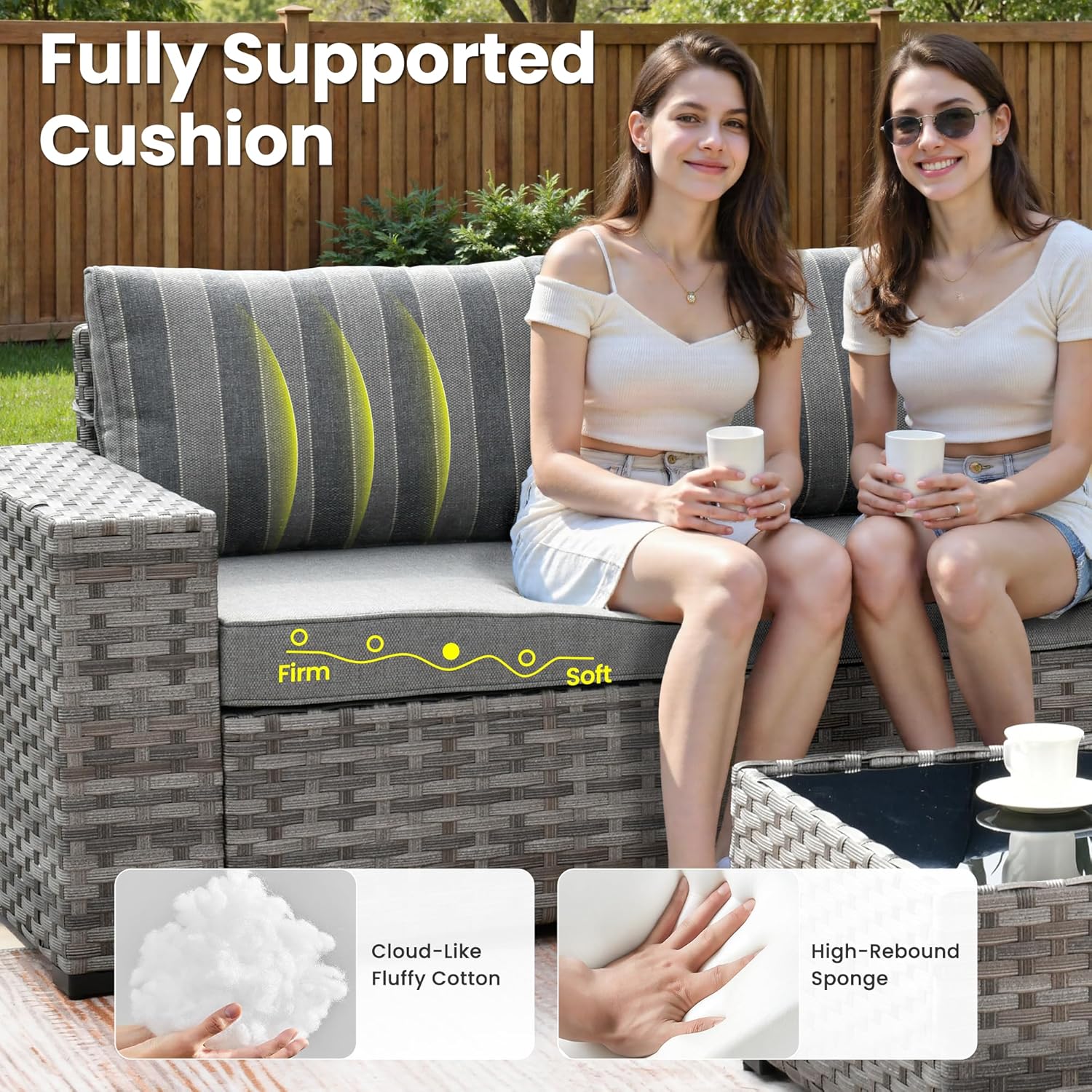 ovios 7 Pieces Patio Furniture Set, Outdoor Wicker Sectional Sofa with 42 Inch Fire Pit Table Comfy Cushions, Modern Modular Deep Seat Rattan Couch Conversation Set, Dark Gray Stripe