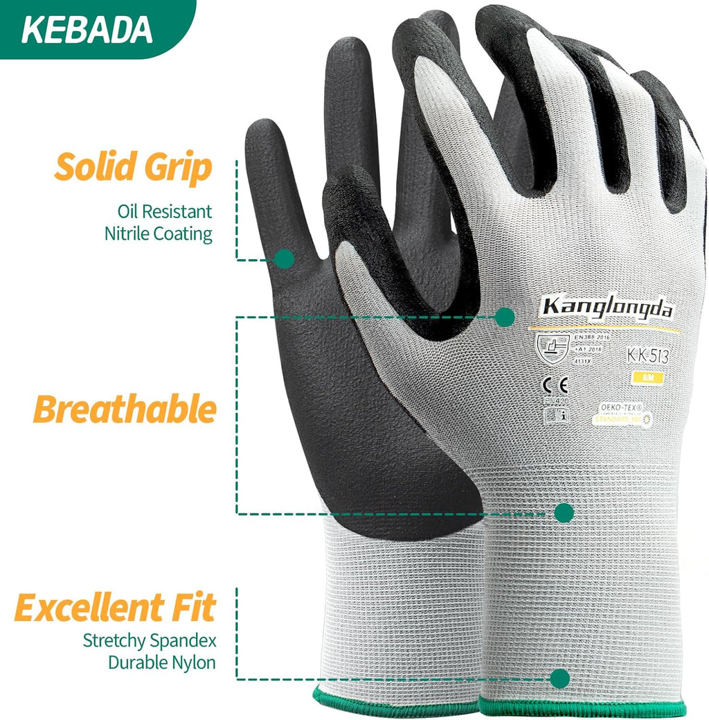 3-Paris Medium Work Gloves for Men and Women, Nitrile Coated Safety Protective Gloves with Grip, Ideal for Gardening, Warehouse, Mechanic, Light Duty Construction Work