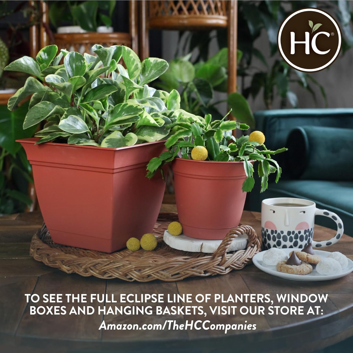 The HC Companies Eclipse Round Planter with Saucer - Outdoor & Indoor Plant Pot with Drainage Holes - Lightweight, UV-Resistant Plastic Pots for Plants, Flowers & Herbs (8" White, Pack of 6)