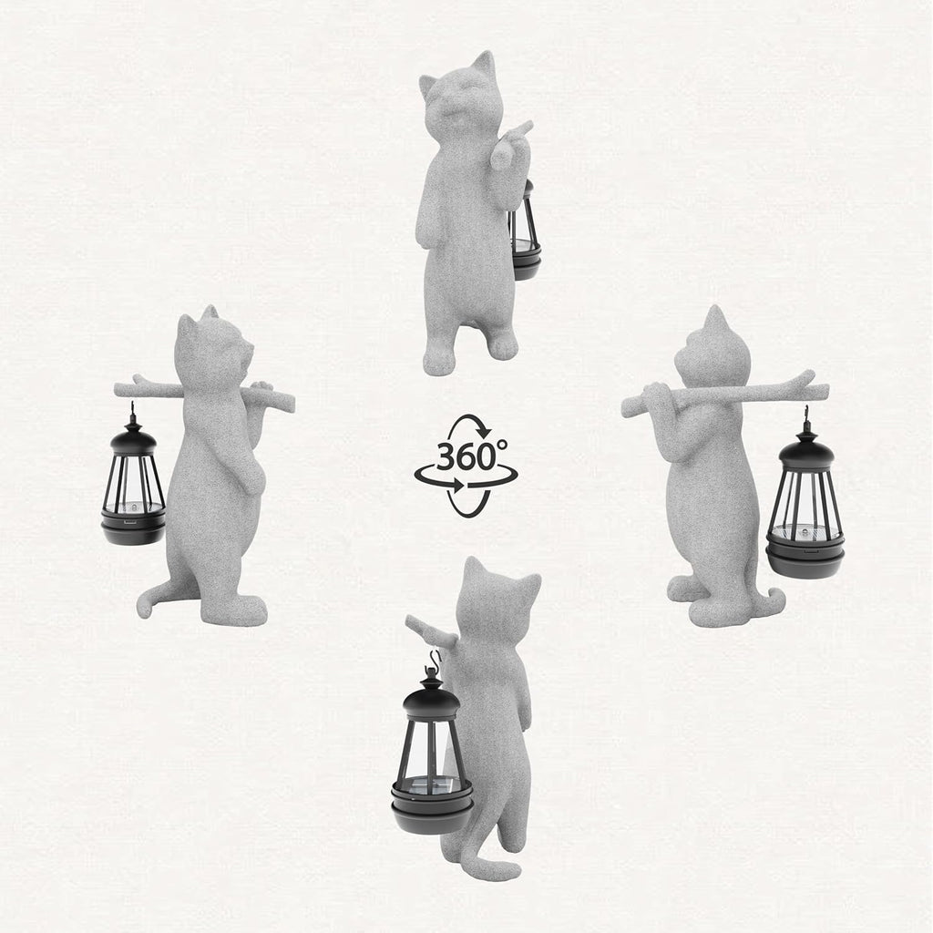 Garden Decoration, Figurine, Lawn Statue, Sculpture Ornament, Animal Figurine - Cat Resin Statue with Lantern (Walking01)