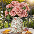Green and Beige Vintage Round Vase, Red Rose Chinoiserie Floral Vase, Farmhouse Antique Decorative Ceramic Flower Vases for Bouquet, Home Decor, Living Room, Bookshelf, Office, Tuscan Decor 7.8 Inch