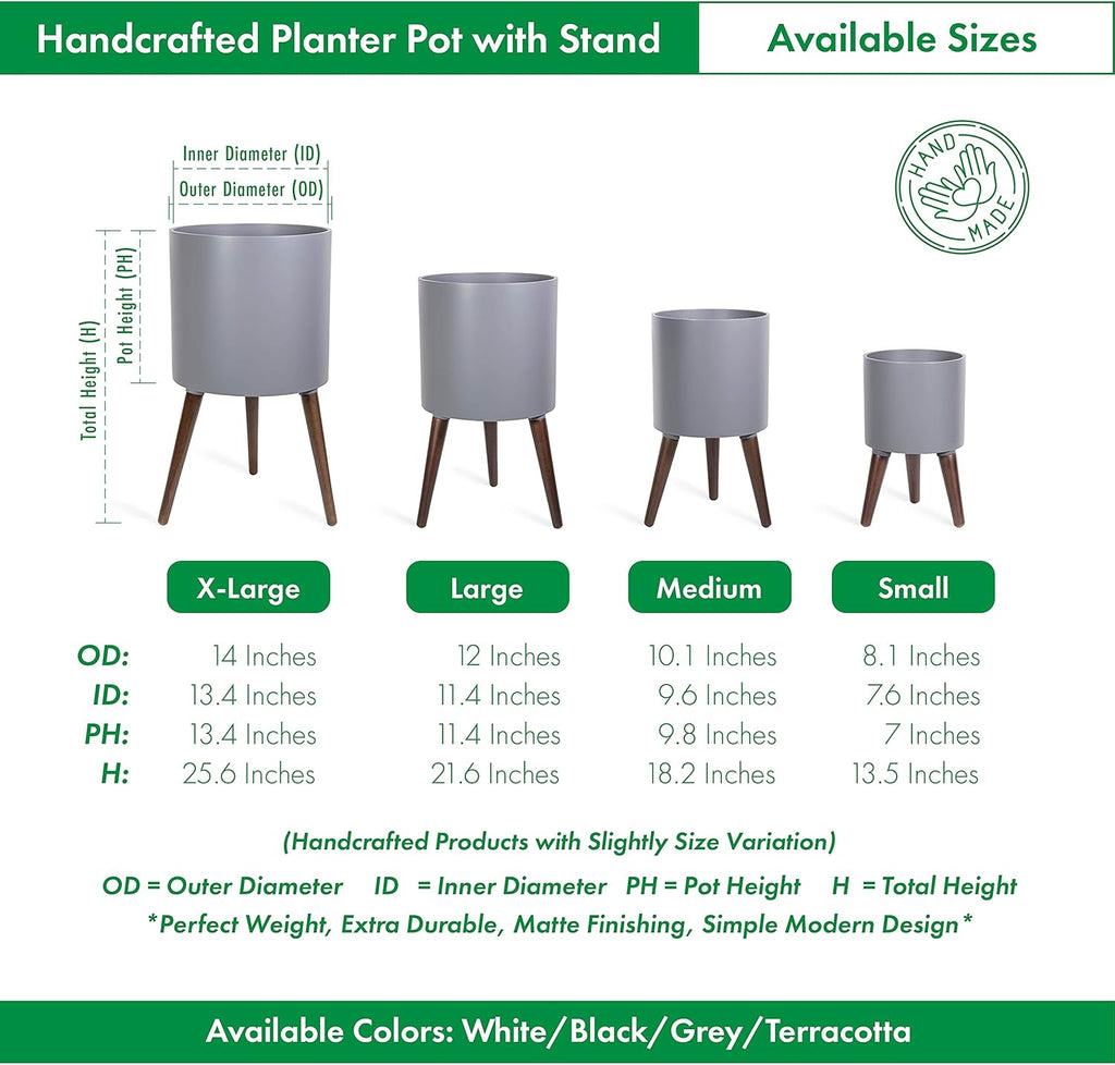 D'vine Dev 12 Inch Planter Pot with Stand, Mid-Century Tall Plant Pot with Legs for Indoor Plants, Large, Grey, 88-O-C-3