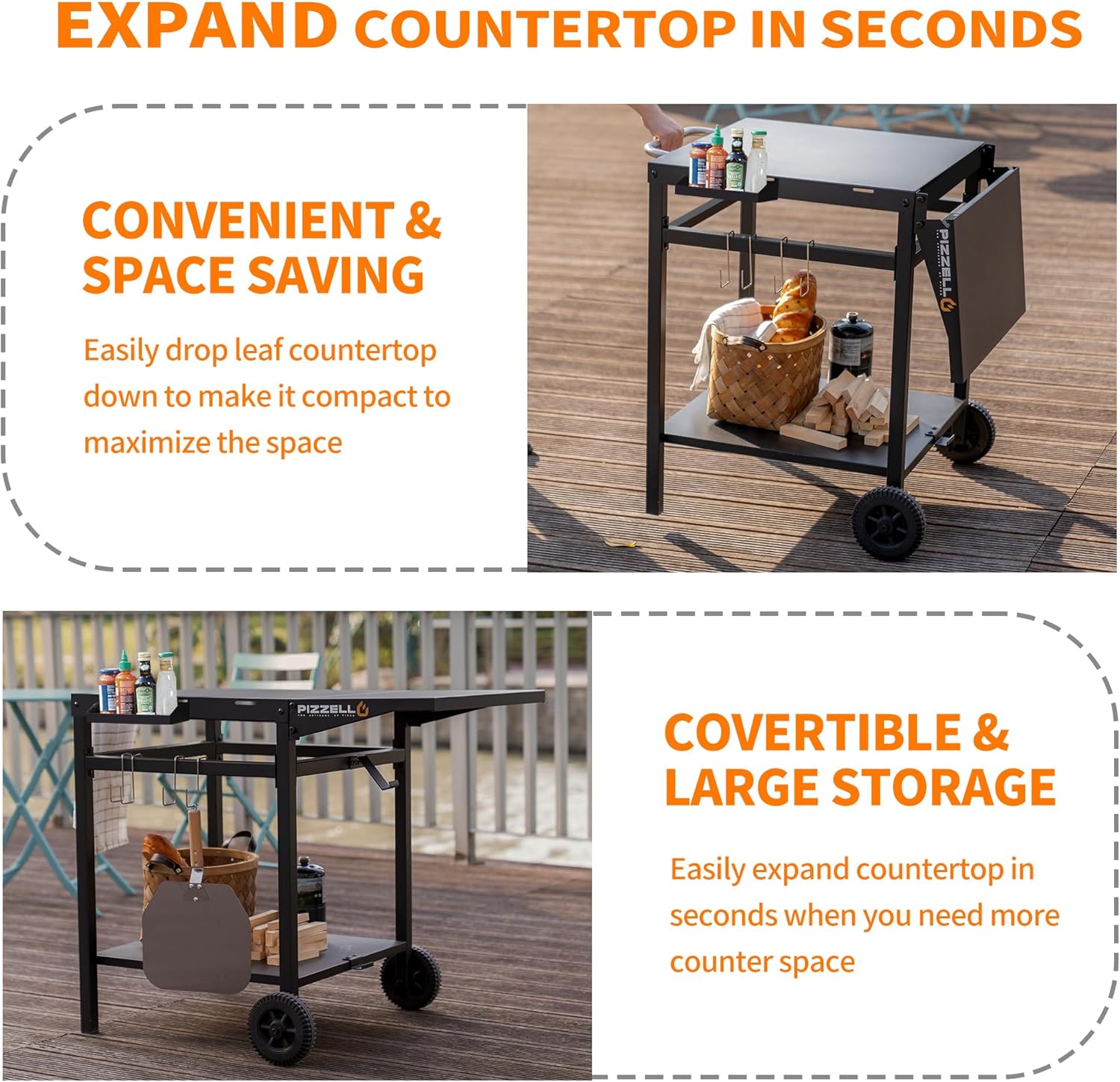 Outdoor Grill Table Cart 35" x 22" Movable Pizza Oven Stand Foldable Double-Shelf Grill Cart Food Prep Trolley Dining Cart Fit for Ooni Ninja Woodfire Blackstone Pizza Oven