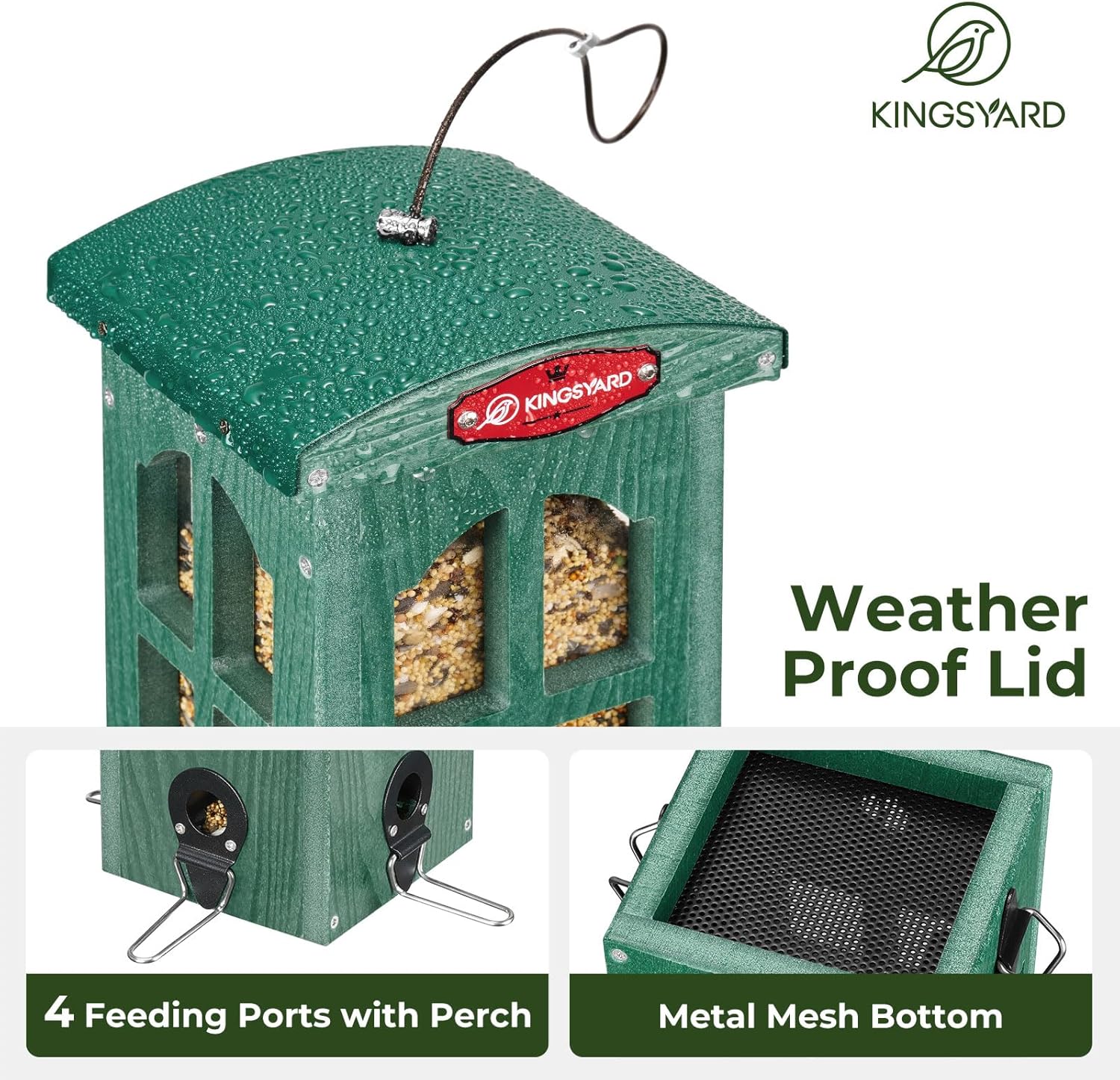 Kingsyard Upgraded Rainproof Bird Feeder for Outdoor Hanging - Metal Feeding Port, Recycled Plastic Wild Bird Feeder with Metal Mesh Tray for Goldfinch Small Bird, Garden Yard Decoration, Green