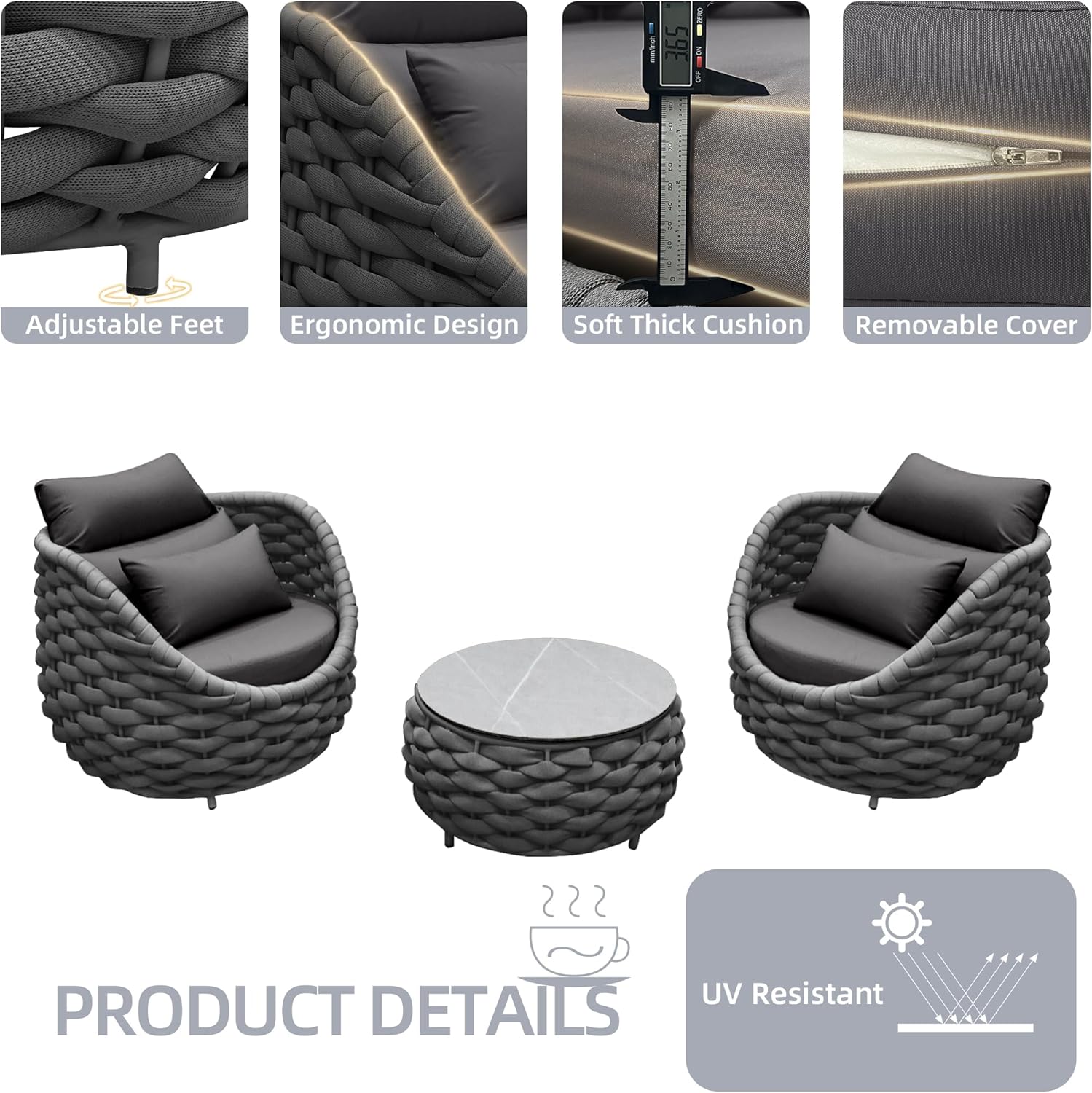 TWT Aluminum Outdoor Patio Furniture Set, 4 Pcs Textilene Armchairs Modern Outdoor Conversation Set Outdoor Single Sofa with Upgrade Cushion and Coffee Table for Balcony, Dark Grey