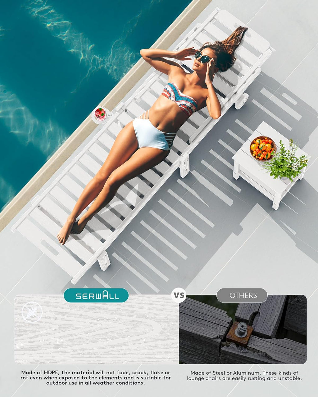 SERWALL Patio Chaise Lounge Set of 4, HDPE Outdoor Lounge Chair with Cup Holder, 5 Positions Adjustable Pool Lounge Chair with Rolling Wheels for Poolside, Deck, Sunbathing, White