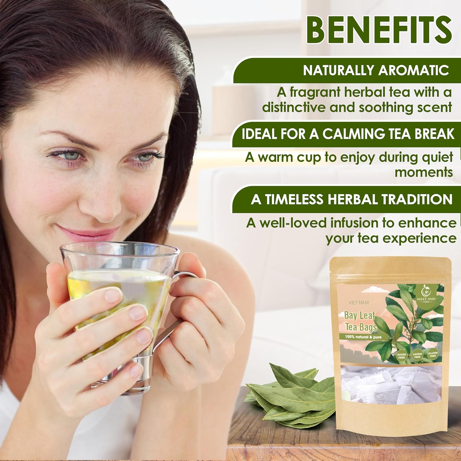 NHAT ANH FARM - Premium Bay Leaf Tea Bags, 40 Tea Bags, 100% Natural Dried Bay Leaf, Naturally Sweet Herbal Tea, Sugar-Free, Caffeine-Free, No Additives.