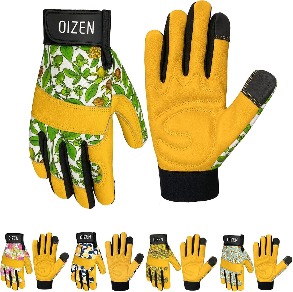 Cowhide Leather Thorn Proof & Puncture Resistant Gardening Gloves for Women, Touchscreen Compatible Working Gloves for Weeding, Digging, Planting, Gardening Gifts for Women (Green bellflowers, Medium)