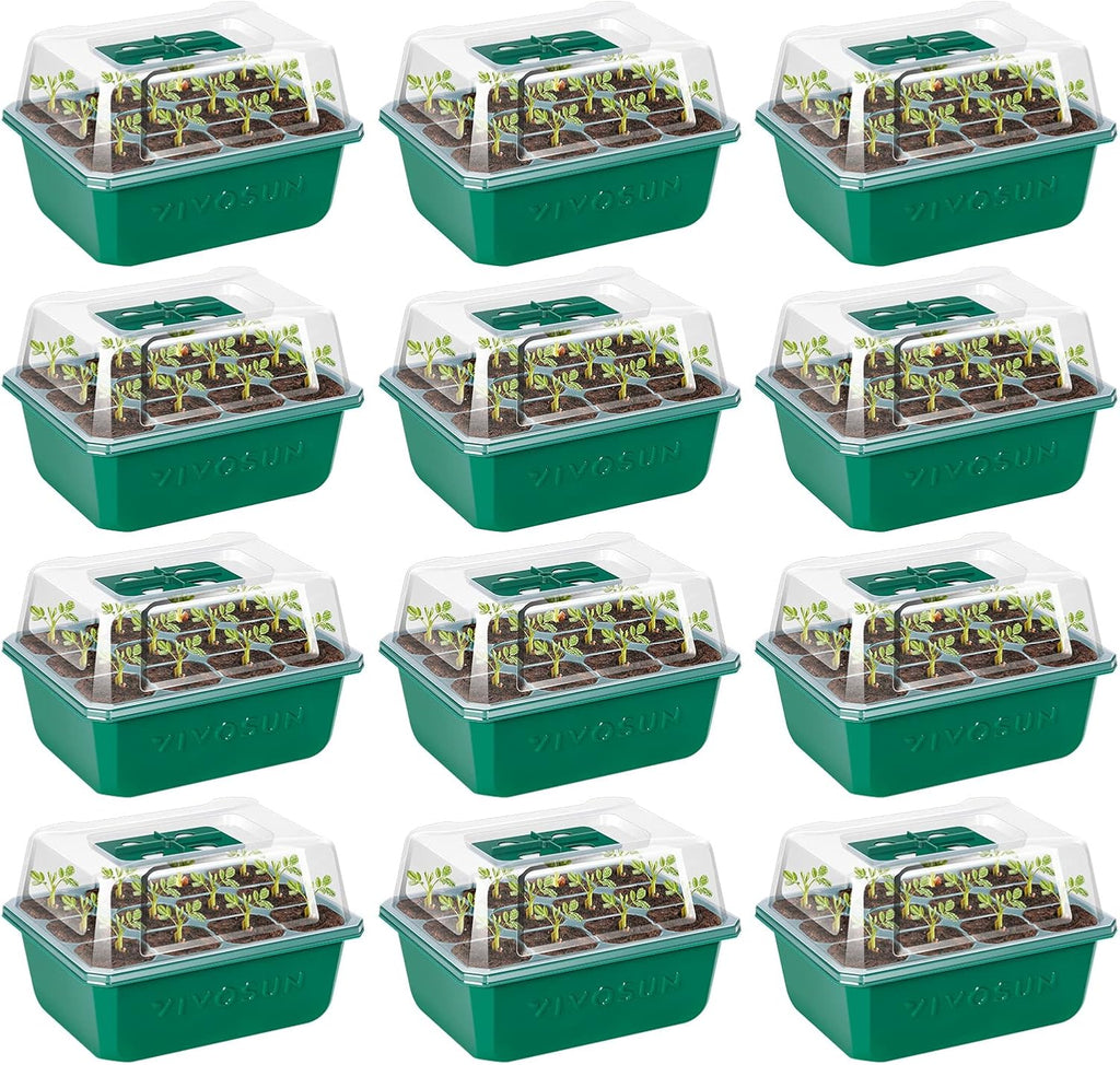 VIVOSUN 12-Pack Seed Starter Trays, 144-Cell Seed Starter Kit with Humidity Dome, Flat Reusable Plant Germination Trays with Drain Hole, Green Propagation Tray for Planting Seeds