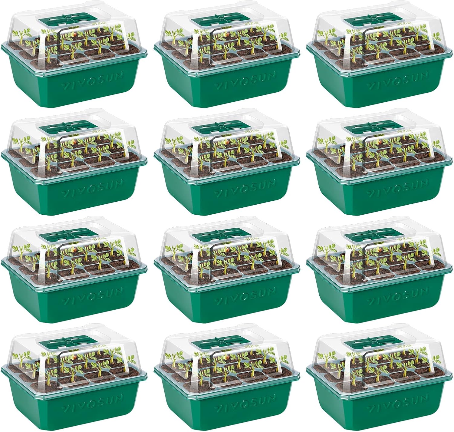 VIVOSUN 12-Pack Seed Starter Trays, 144-Cell Seed Starter Kit with Humidity Dome, Flat Reusable Plant Germination Trays with Drain Hole, Green Propagation Tray for Planting Seeds