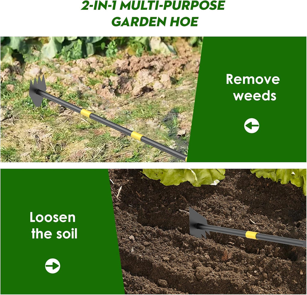 Dual Headed Hoe Garden Tool, Hoe Cultivator Gardening Tool, 17-59" Adjustable Long Handle Heavy Duty Scuffle Hoe with Rake Tiller Cultivator for Weeding, Digging, Loosening Soil, Sowing