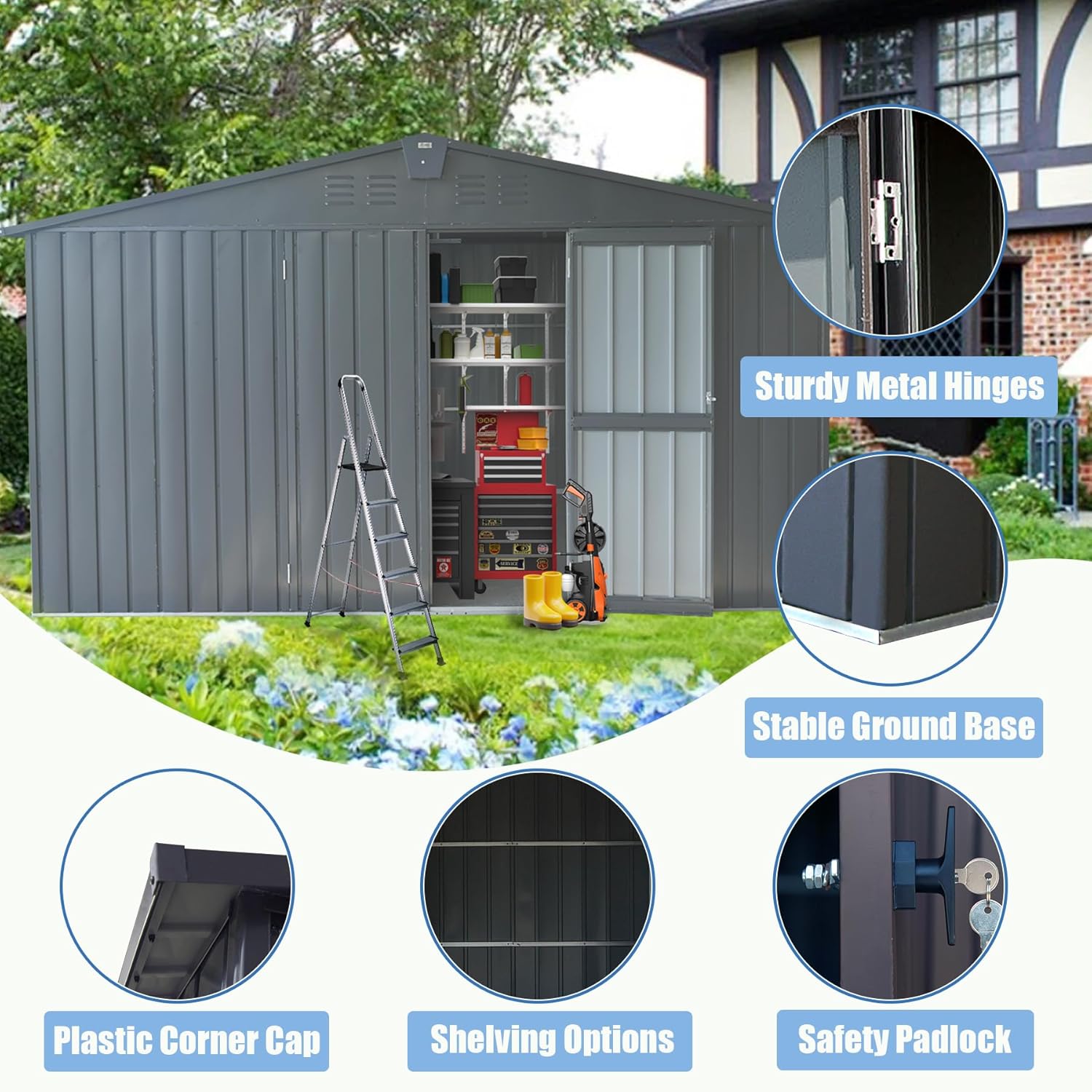 Domi Backyard Storage Shed 11’ x 12.5’ with Galvanized Steel Frame & Windows, Outdoor Garden Shed Metal Utility Tool Storage Room with Lockable Door for Patio(Dark Gray)