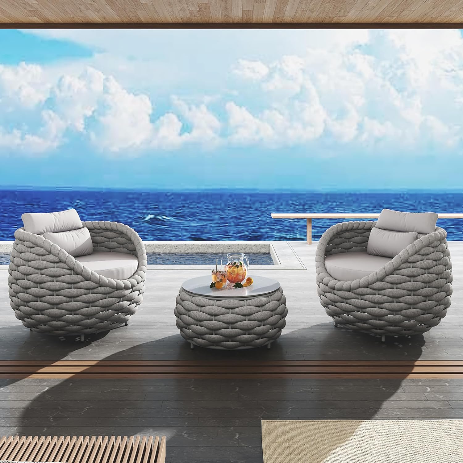 TWT 3 Pieces Aluminum Patio Furniture Set, Hand Woven Textilene Rope Outdoor Sofa Set w/Washable Cushion and Rock Slab Tabletop, Conversation Furniture for Livingroom Poolside Balcony (Grey)