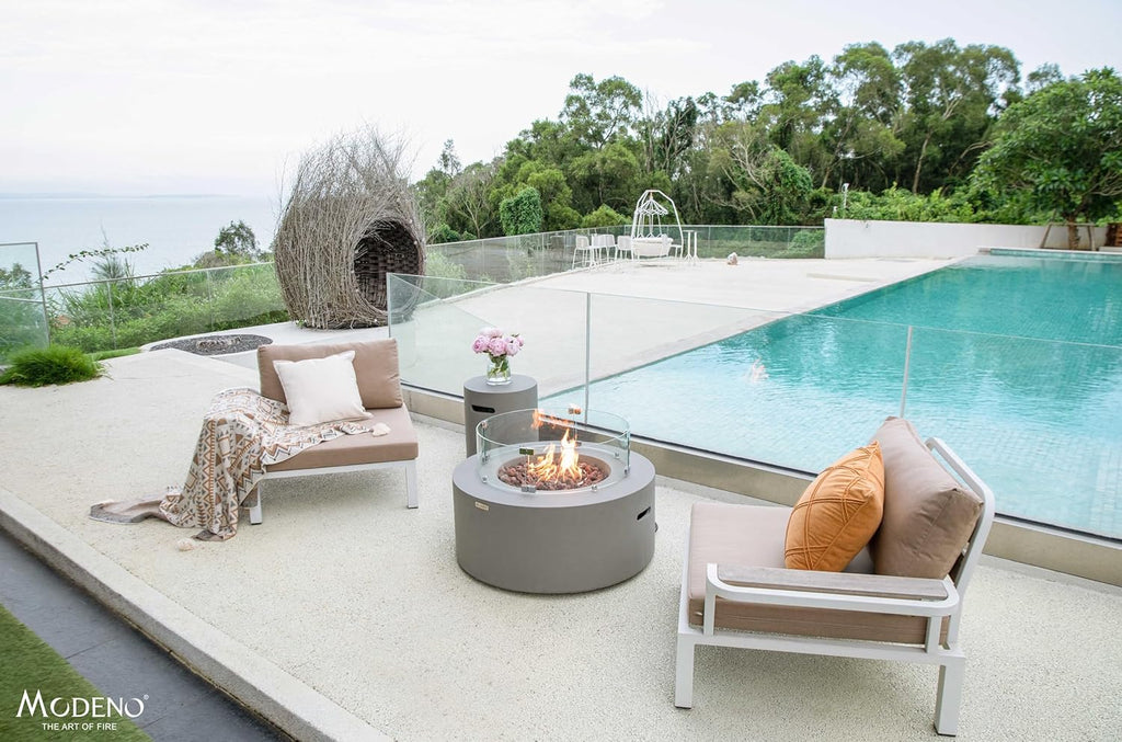 AMS Fireplace | Modeno Tramore Package | Light Gray Liquid Propane Gas Fire Pit Table for Outside Patio Bundle with Tank Cover, Wind Guard, and SS Burner Lid | Free Ice Bucket & Rubber Mat
