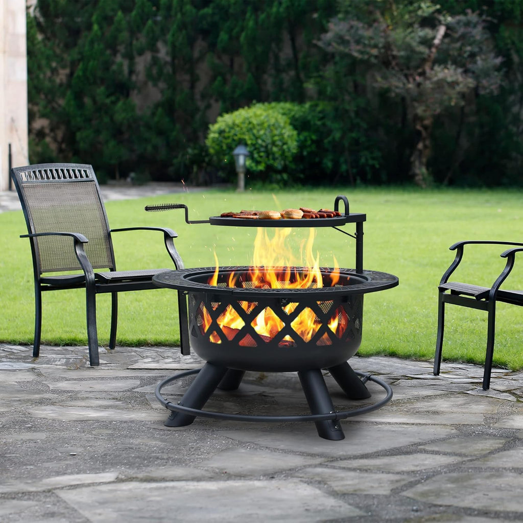 BALI OUTDOORS Fire Pit with Poker, 32 inch Outdoor Fire Pit Patio, Wood Burning Firepits for Outside with Grill