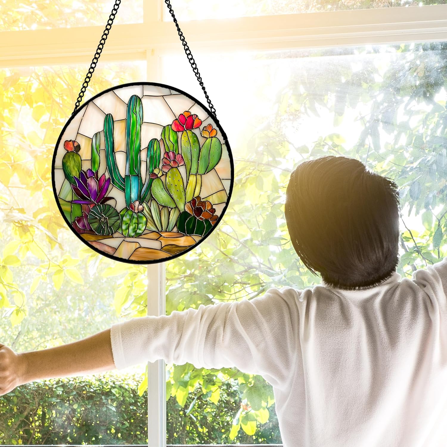 Stained Glass Window Hanging, White Green Cactus Suncatcher Diamond Glass Panel Hangings Sun Catchers Decor for Birthday for Women, Men, Wife, Aunt, and Mom 11.8x11.8 in