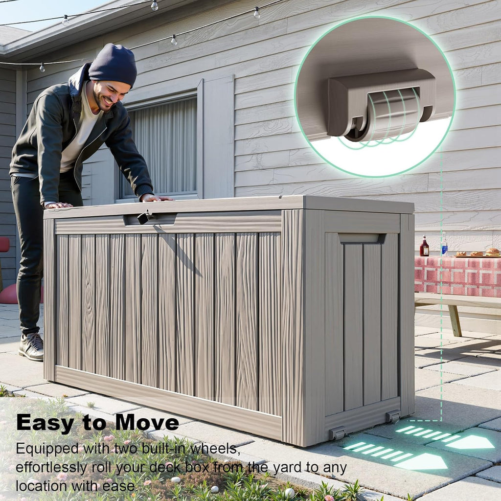 76 Gallon Outdoor Deck Box,Storage Lockable Waterproof Patio Furniture,Garden Tools,Cushions,Pool Accessories Outside Storage Resin Box(Grey)
