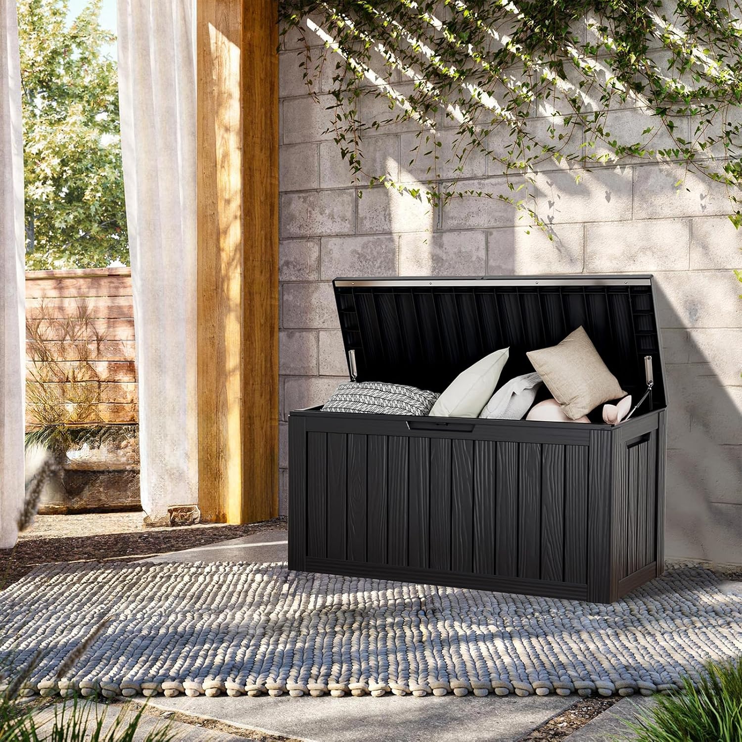 80 Gallon Lockable Resin Deck Box, Waterproof & UV-Resistant Outdoor Storage Box for Outdoor Cushion Storage, Garden Tools & Pool Accessories Storage, Black