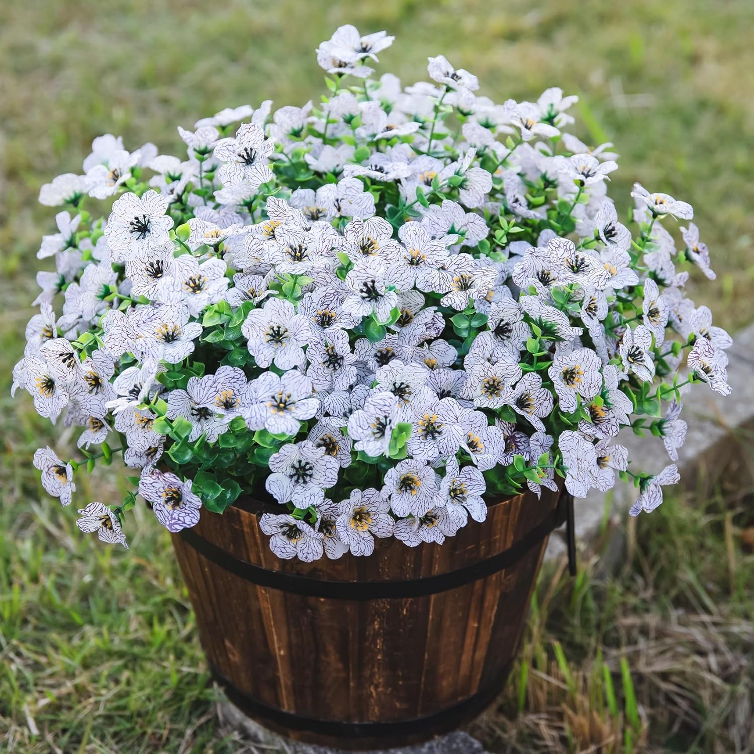 Artificial Flowers for Outdoor Indoor Garden Home Decoration, Faux Flower Daisy with Eucalyptus Leaves Fake Plants Greenery Boxwood Porch Patio, 12 Bundles (Creamy White)