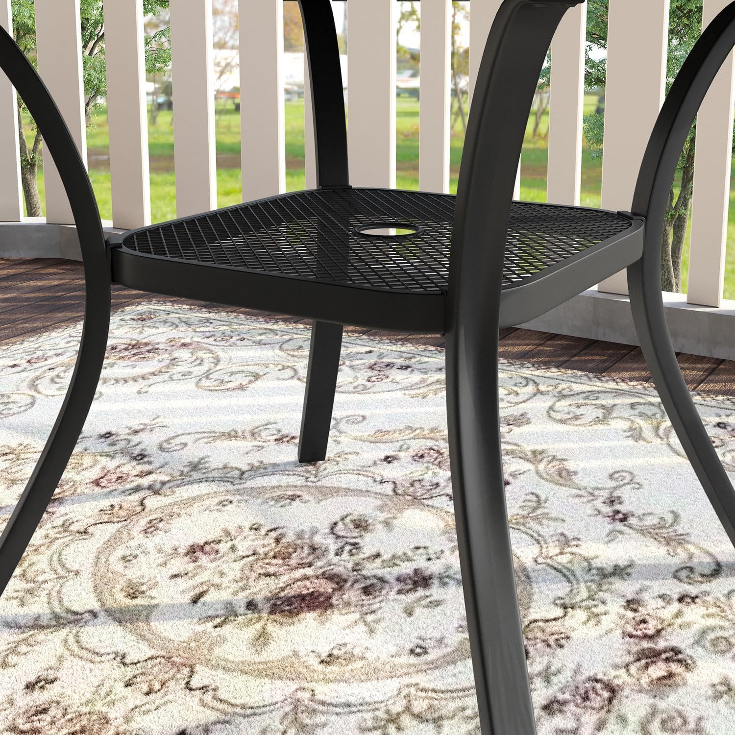 VICLLAX 7 Pieces Patio Dining Set, Outdoor Furniture Set Includes 47.2" Round Patio Table and 6 Patio Sling Chairs, Black Tabletop and Blue Fabric