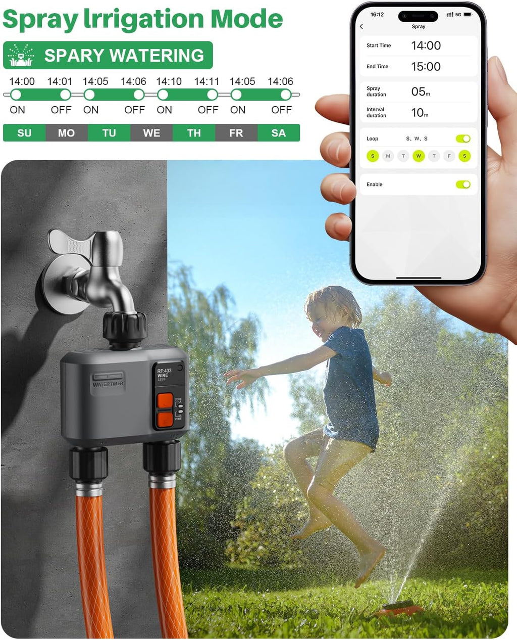WiFi Sprinkler Timer 2 Zone with 984 Feet RF Gateway, 2 Outlet Smart Water Timer for Garden Hose with Rain Delay/Manual/Automatic,WiFi Water Hose Timers for Garden & Lawns