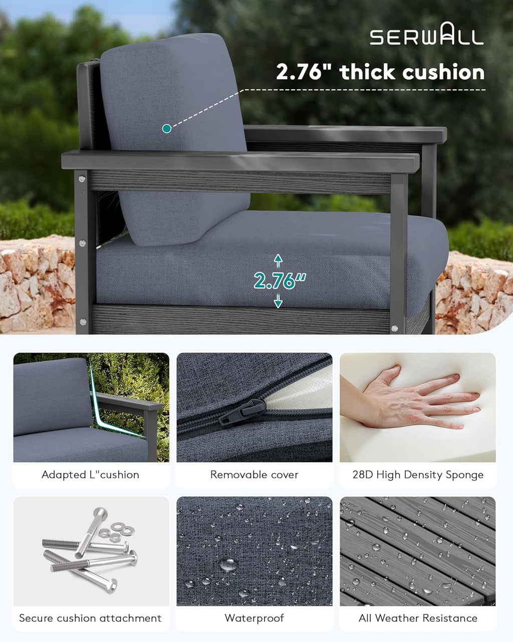 SERWALL 8 Pieces HDPE Outdoor Conversation Sofa Set with Cushions, All Weather Use Couch Loveseat Furniture Set with Pads, Outdoor Social Sofa Coffee Table Set, Grey Frame with Grey Cushions