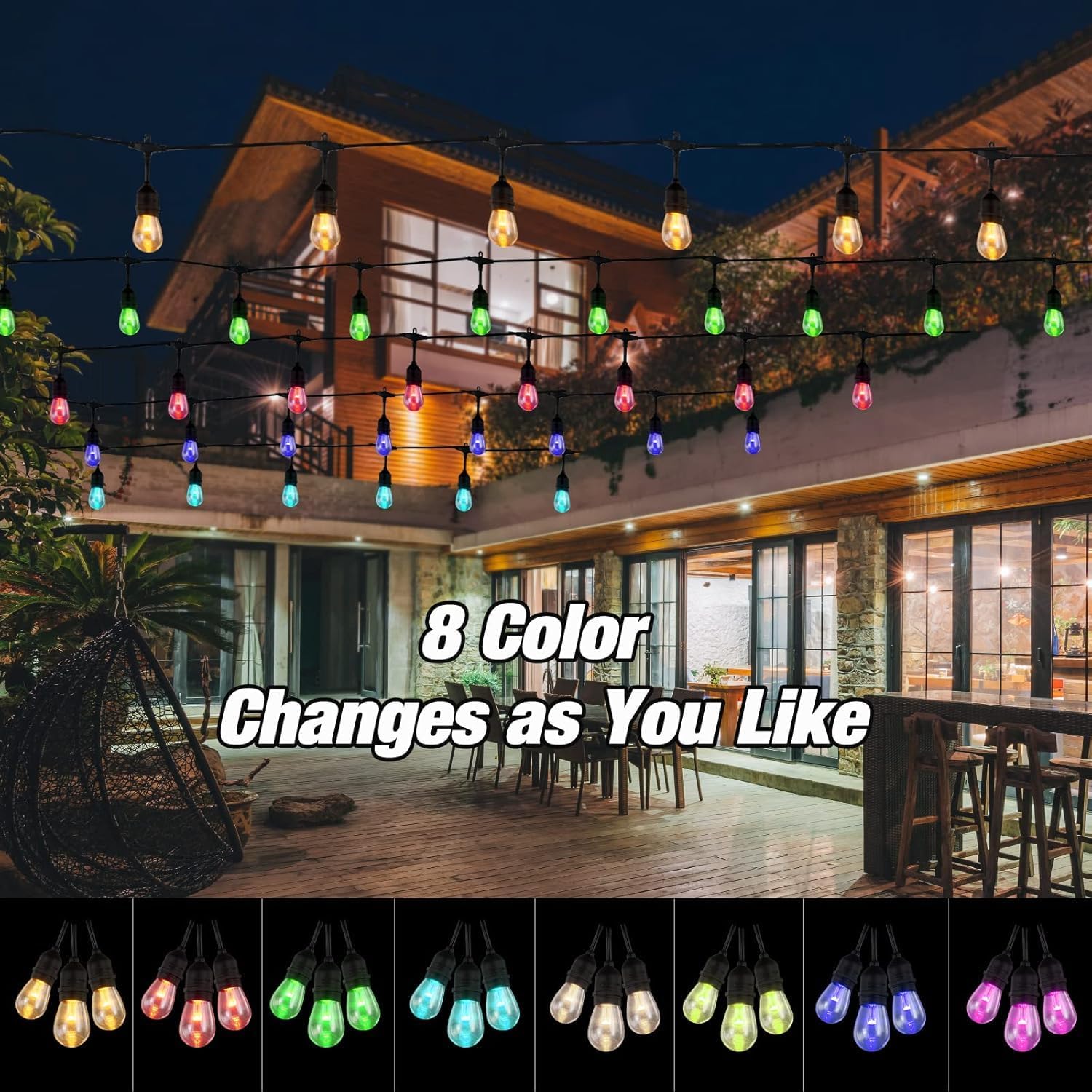 Auroraworld Solar Outdoor RGB String Lights, 96FT Dimmable Patio String Lights for Patio