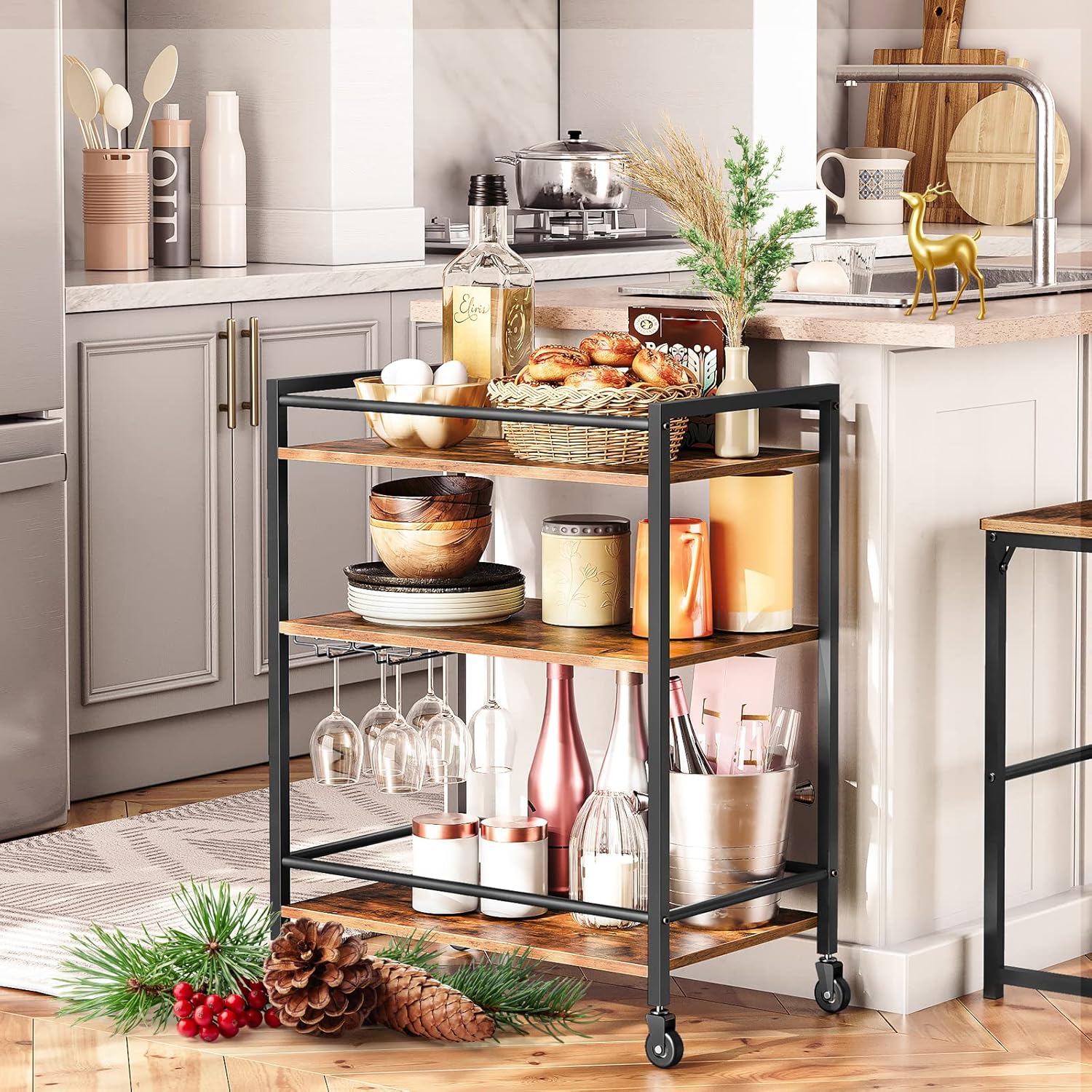 HOOBRO Bar Cart for The Home, Serving Cart with Wine Glass Hooks, Rolling Kitchen Cart with Lockable Wheels, 25.2 x 15.7 x 33.3 Inches Beverage Cart with Storage Shelves, Rustic Brown BF02TC01