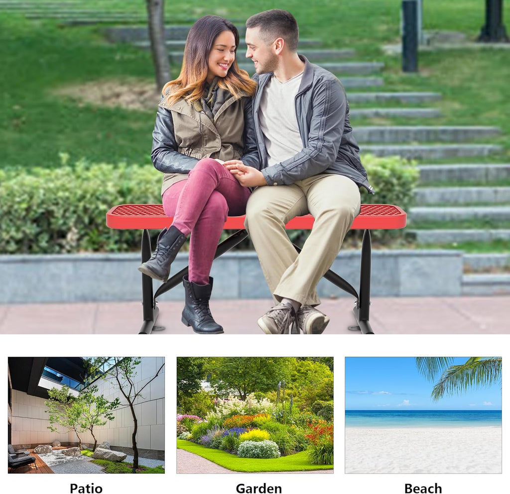 4 Feet Heavy Duty Metal Park Bench for Outside, Outdoor Bench with Portable Frame, Commercial Benches for Shopping Mall, Store, Park, Patio, Deck, Red