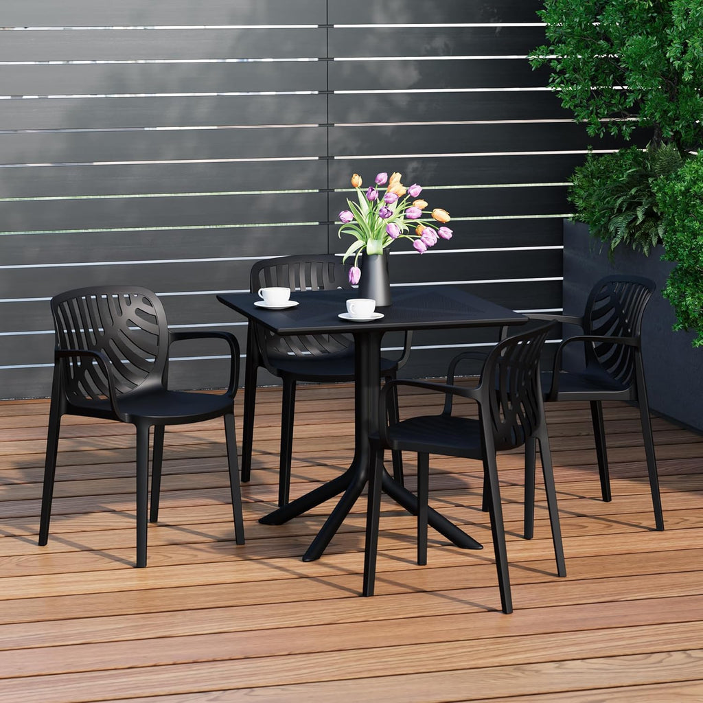 Breakfast Table Set for 4, HDPE Patio Square Dining Table and Stackable Chairs, Outdoor Small Patio Furniture Set All Weather for Backyard Porch Poolside, Black