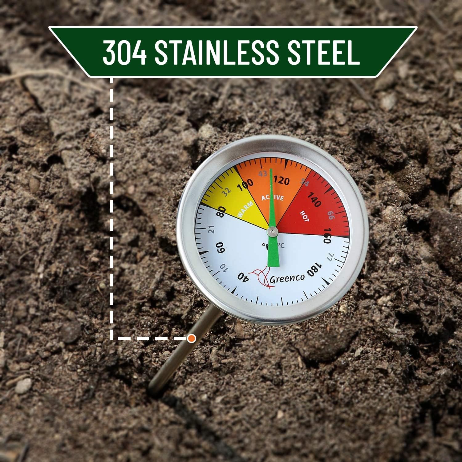 Compost Soil Thermometer by Greenco, Stainless Steel, Celsius and Fahrenheit Temperature Dial, 20 inch Stem