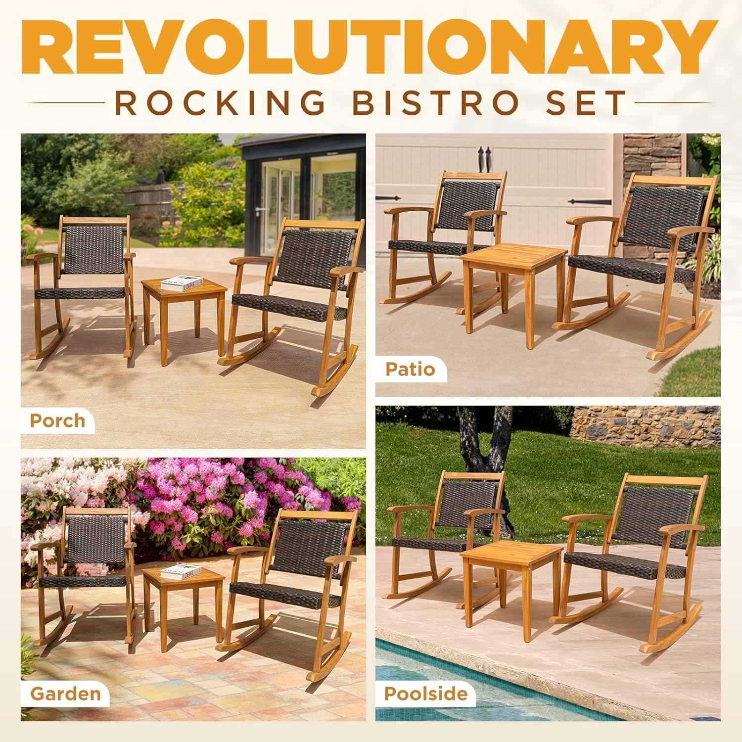 IDZO Solid Wood Wicker Rocking Chairs Set of 2 with End Table