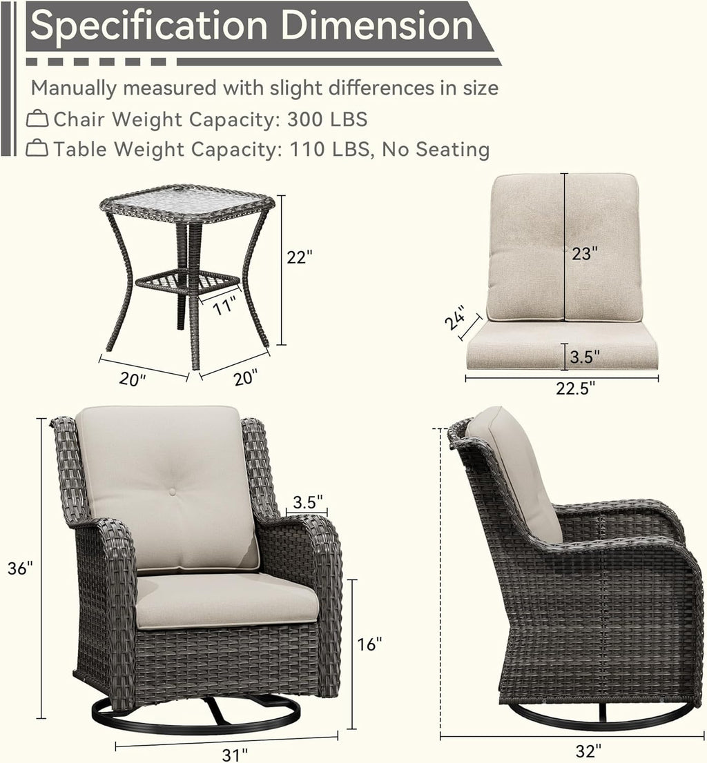6 Pieces Outdoor Furniture Set - Patio Wicker Swivel Rocker Chair Set of 4 and 2 Side Table, Beige, Mixed Brown Rattan, Suitable for Porch, Yard