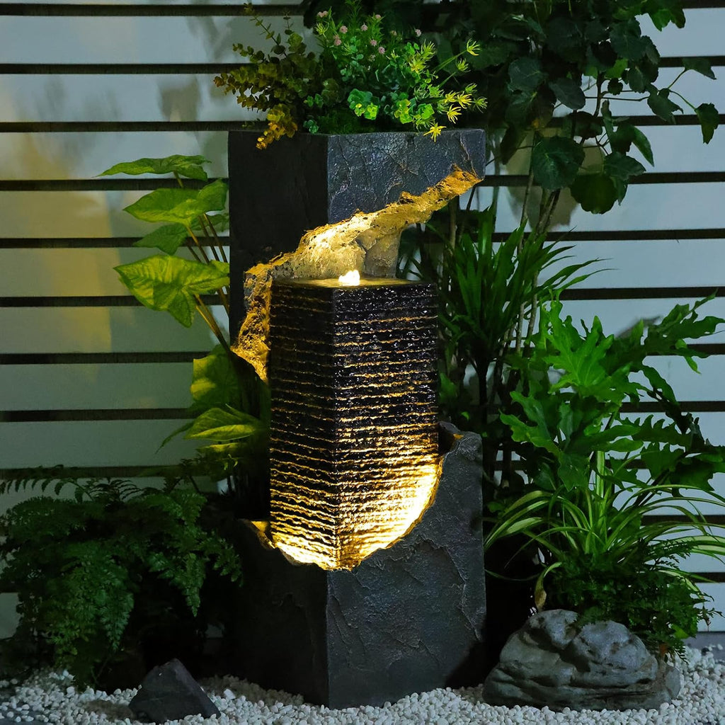 Water Fountain Outdoor Garden 35.4" H Modern Outdoor Fountains and Waterfalls with Lights Flooring Standing Indoor Water Fountains for Garden, Patio, Deck, Backyard, Porch and Home Art Decor