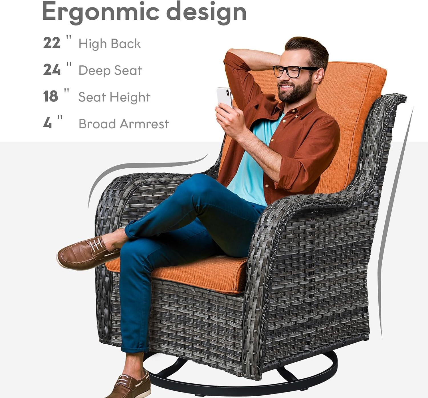 Outdoor Swivel Rocker Wicker Chairs Set of 3, High Back Swivel Patio Chairs Wicker Furniture Set, 2 PCS Rattan Swivel Rocking Chair with Side Table, Orange Cushion