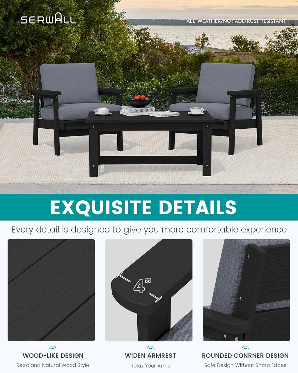 SERWALL HDPE Outdoor Couch Set of 2, Black Frame and Grey Cushion