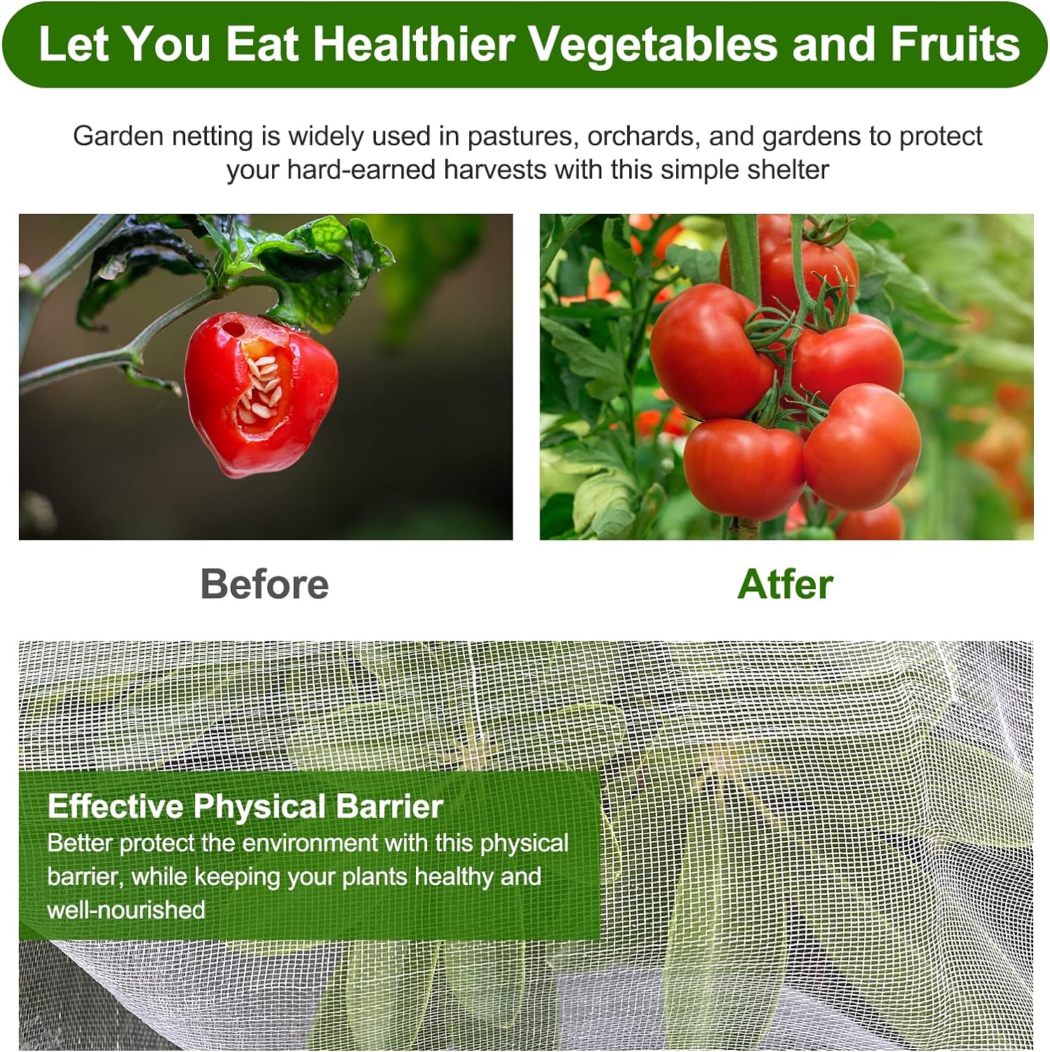 Garden Netting, Jevrench Durable Ultra Fine Garden Netting, Garden Plant Cover Row Cover Makes Plants, Vegetables, Fruits, and Flowers Grow Better (4ft x 10ft)