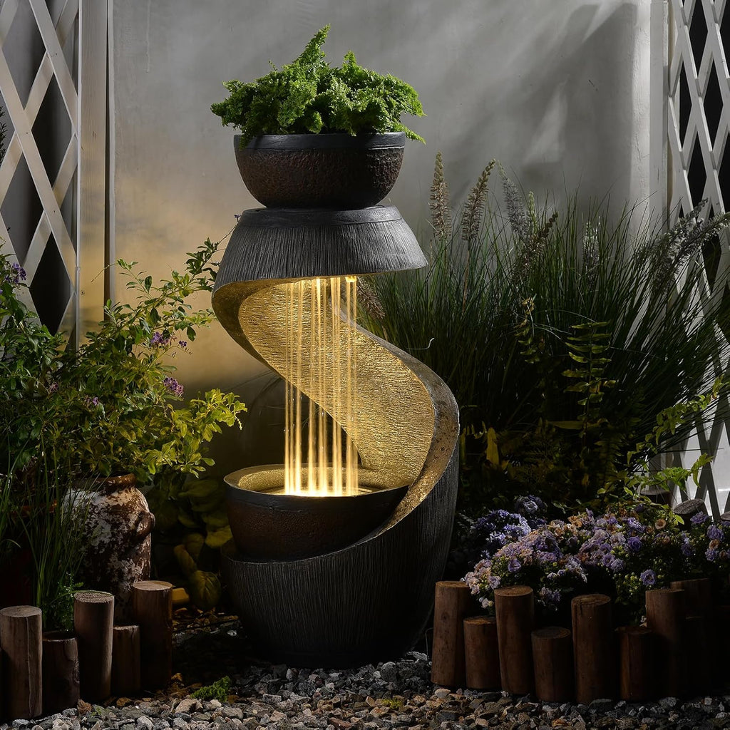 31.9" S-Shaped Water Outdoor Fountain–Modern Cascading Waterfall Feature with LED Lights & Planter Bowl, Garden Fountains Outdoor for Patio, Balcony, Yard or Home Decor, Resin Waterfall