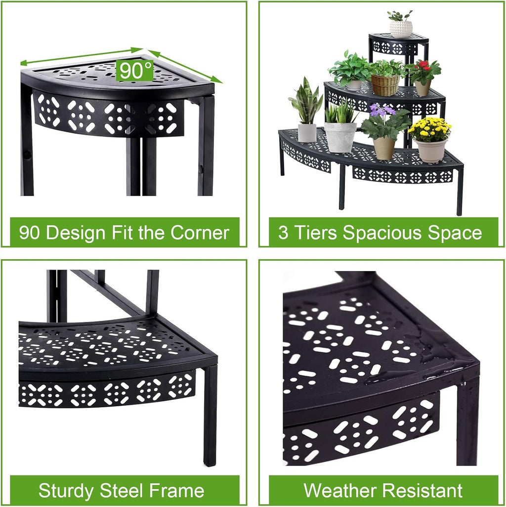 aboxoo 3 Tier Plant Stand Flower Pot Rack, Metal Stair-Step Style Corner Shelf Planters, Quarter Round Display Holder for Indoor Outdoor Use(Black, Semicircle)