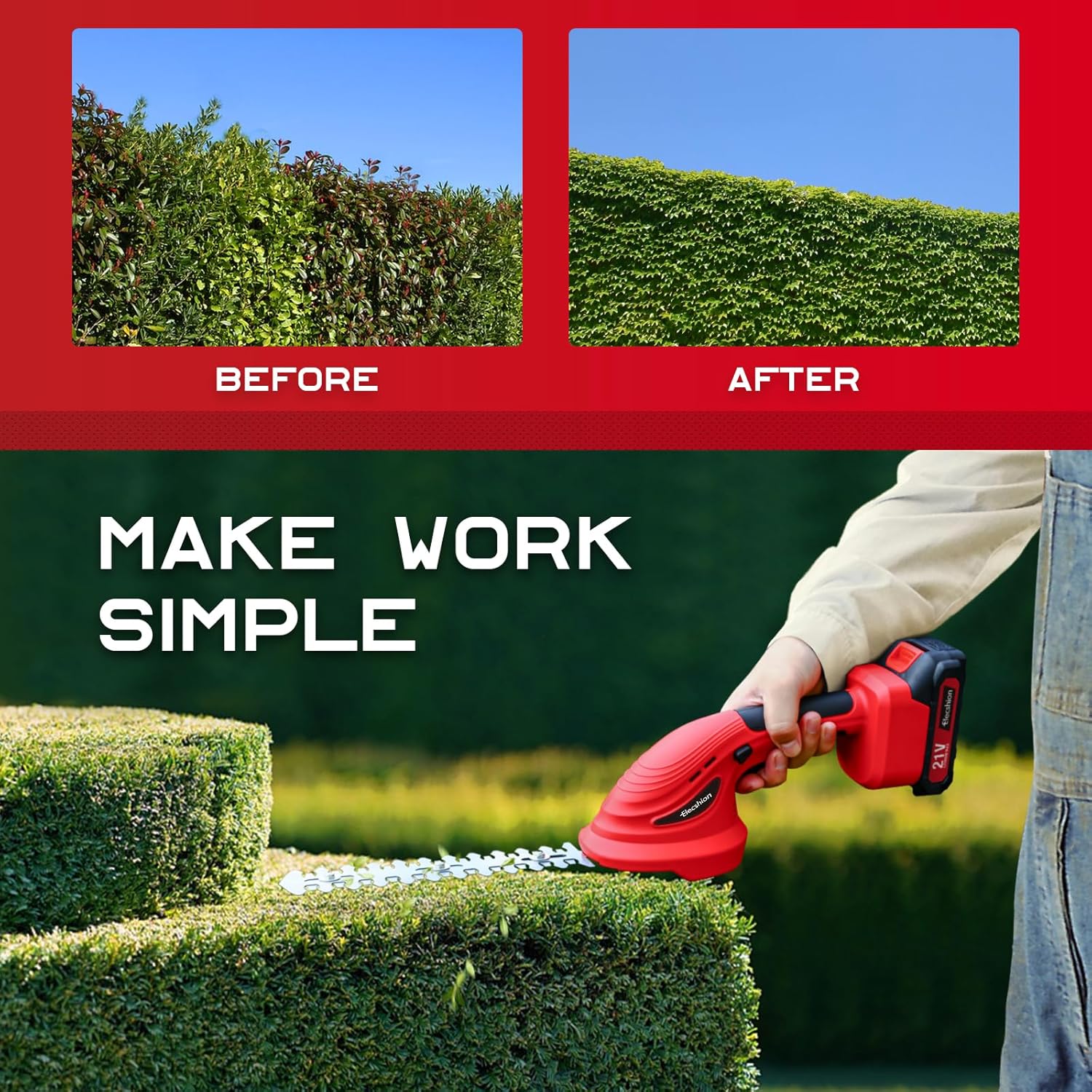 Cordless Hedge Trimmer with Battery (2Pack) and Charger, 2 in 1 Handheld Small Electric Bush Trimmers/Grass Cutter Yard Tool for Shrub/Tree/Lawn, Rechargeable Battery Powered Hedge Clipper for Garden