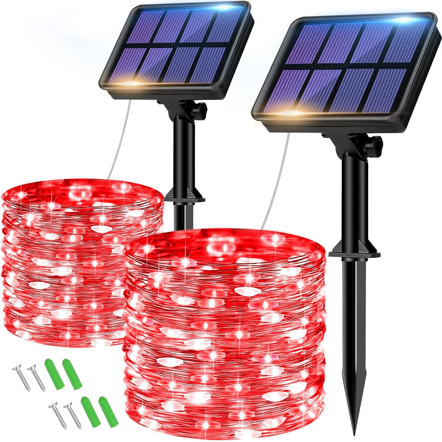 2 Pack Solar String Lights Outdoor - 160LED 66FT Solar Fairy Lights Waterproof 8 Modes, Copper Wire Solar Powered Twinkle Lights for Outside Tree Garden Christmas Wedding Party Decor, Red