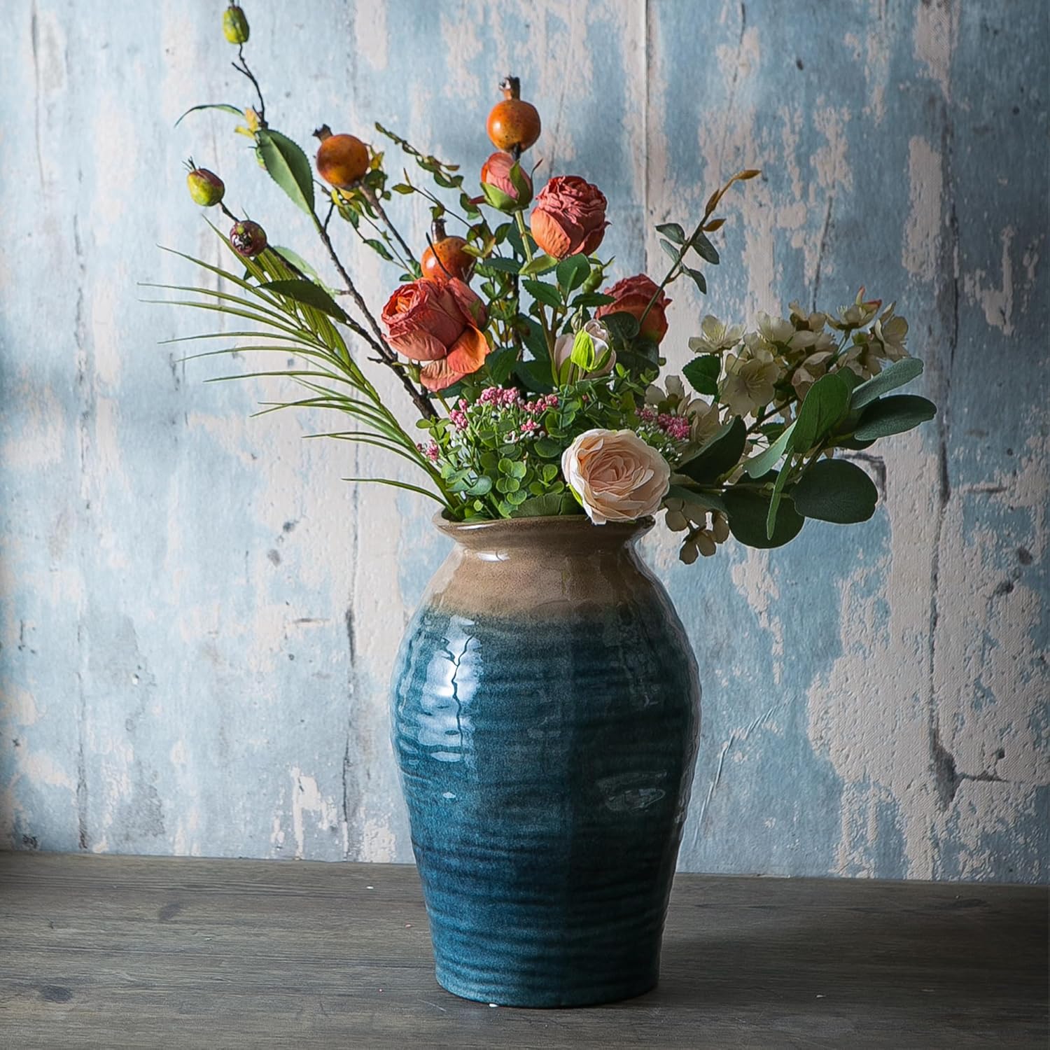 Blue Floor Vase, Ceramic Glazed Large Vase for Modern Farmhouse Home Decor, Rustic Terracotta Pottery, Vintage Clay Vase for Living Room Entryway Centerpiece