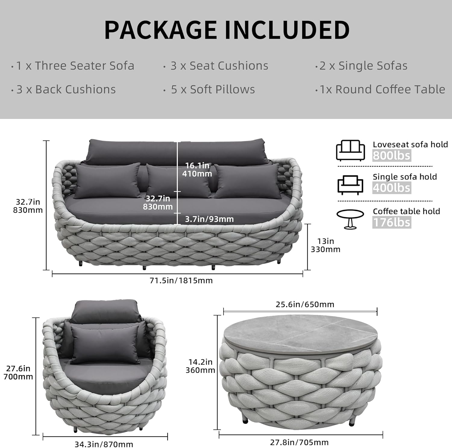 TWT Aluminum Patio Furniture Set Three Seater Sofa Outdoor Furniture Set w/Coffee Table,Patio Conversation Set with Hand Woven Polyester Rope for Bedroom Backyard Poolside, Grey