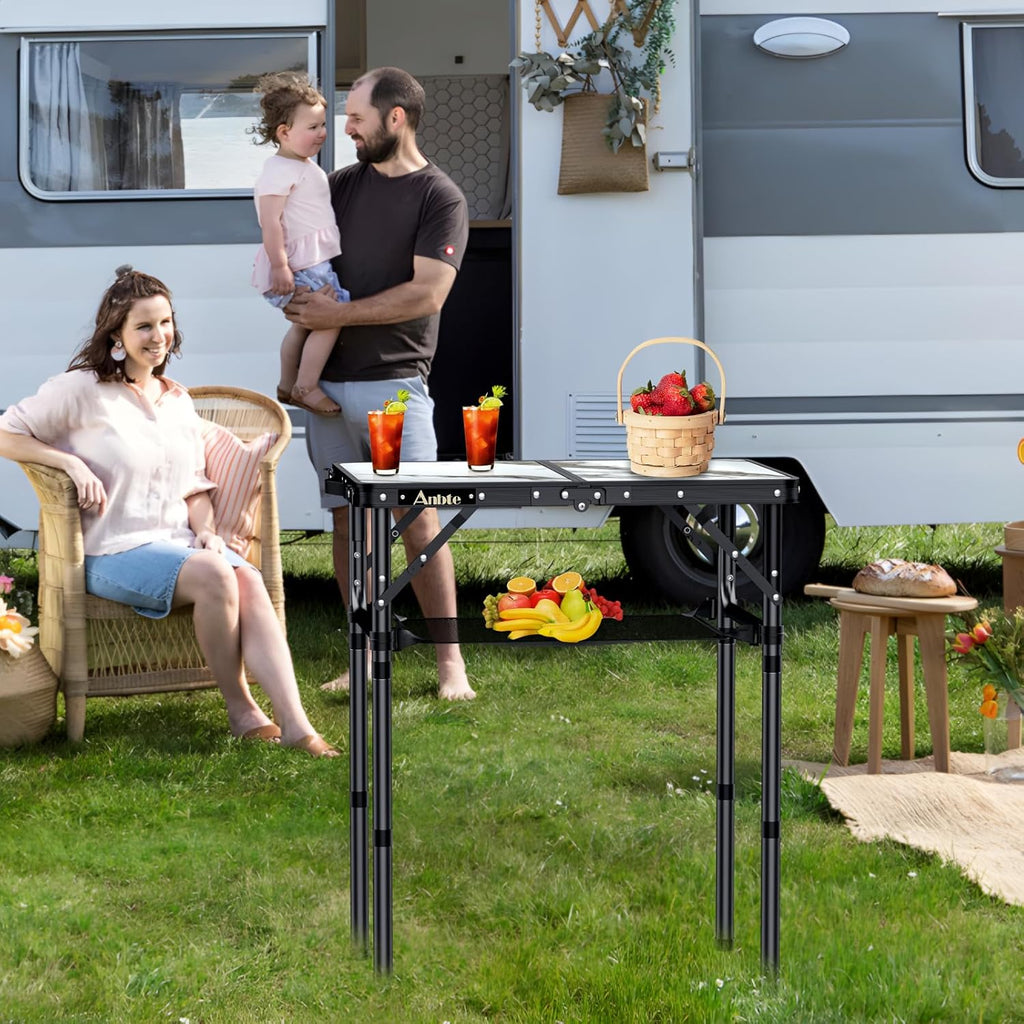 Folding Camping Table with Storage Net, 3 Adjustable Height Max 27.5" Aluminum Small Folding Table, Portable Table with Carry Handle, Lightweight, for Outdoor Indoor Travel Camping Picnic