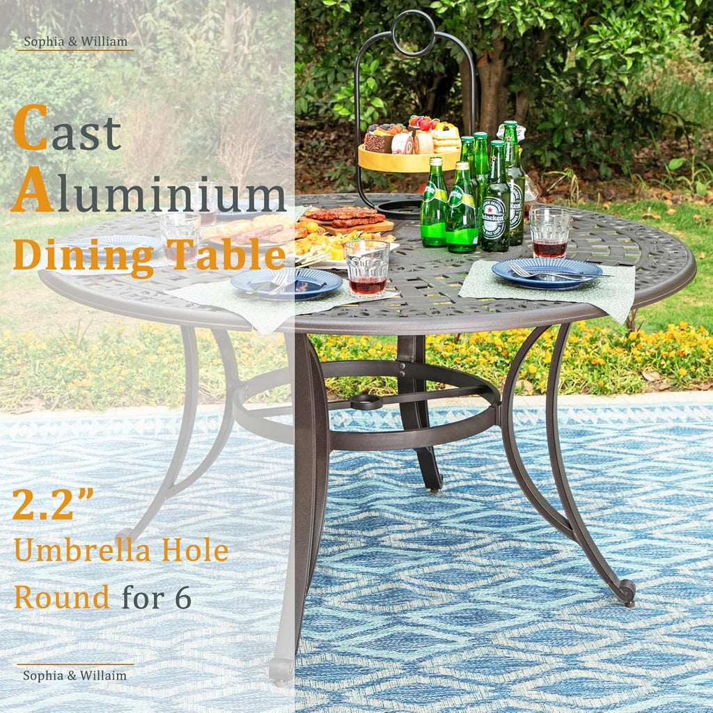 Sophia & William Outdoor Dining Table 6-Person Round Cast Aluminium, Patio Bistro Table with 2.2" Umbrella Hole for Porch Backyard, Bronze