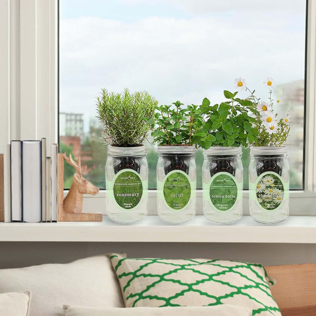 Hydroponic Mason Jar Organic Herbal Tea Seed Starter Kits - Herbal Tea Garden Growing Kits, Gardening Gift, Grow Your Own Herbal Teas Indoor (Chamomile, Mint, Lemon Balm, Rosemary)