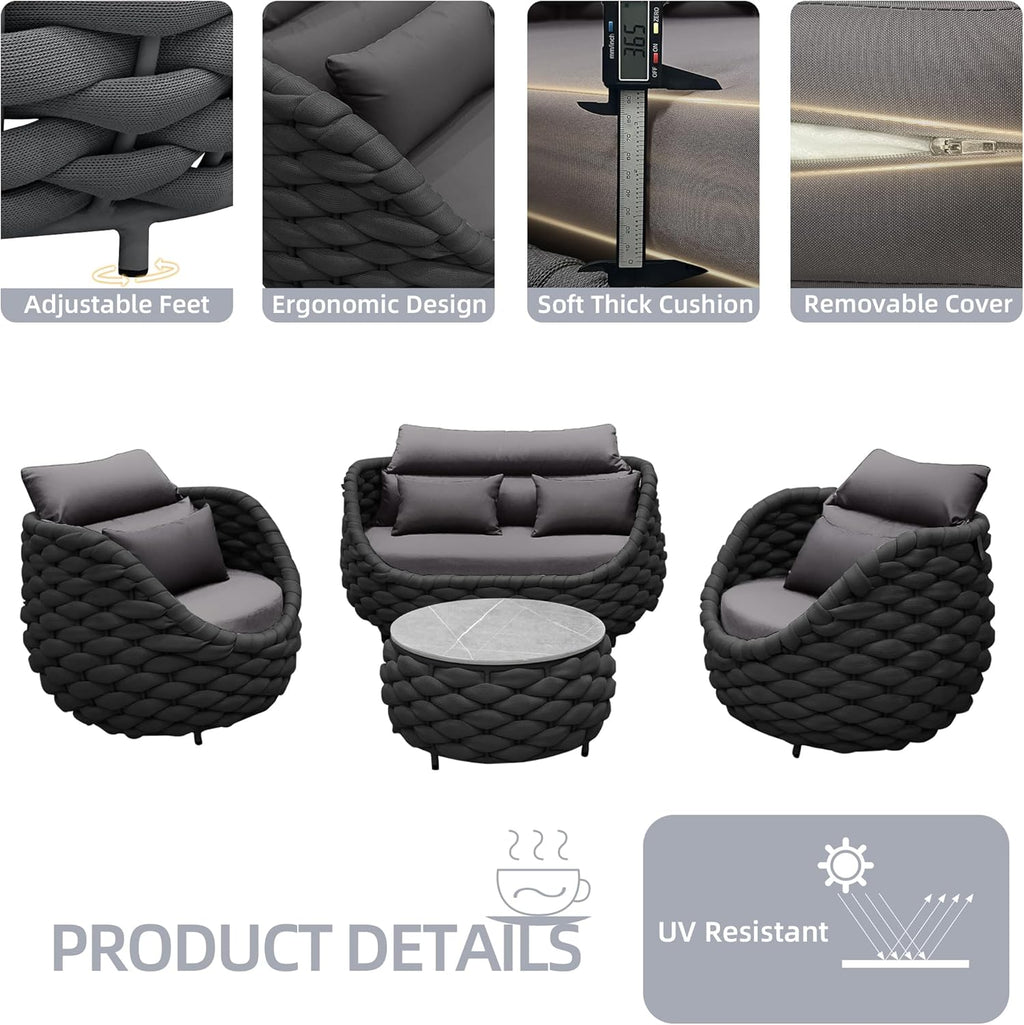 5 Pieces Patio Furniture Set, Outdoor Rope Conversation Sectional Patio Sofa with 5 Seater for Backyard, Porch, Modern Armchairs with Thickness Cushions and Side Table, Dark Grey